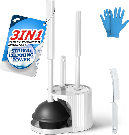 FORASTO 3 in 1 Toilet Brush and Plunger Set,Toilet Bowl Brush Plunger Set,Toilet Brush Plunger Combo,Cleaning Brush,Cleaning Supplies, Crevice Cleaning Brush, Bathroom Cleaning Tools, White