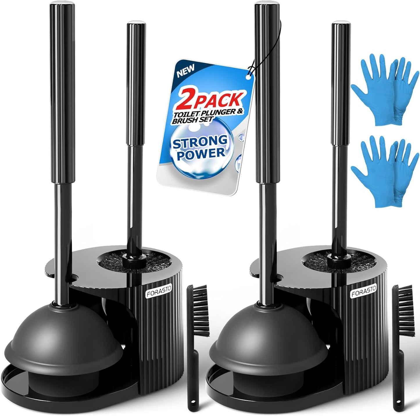 FORASTO 2Pack 2 in 1 Toilet Brush and Plunger Set, Extended Handle Plunger,Toilet Bowl Brush Plunger Set,Clean Gloves,Cleaning Tools,Cleaning Brush,Cleaning Supplies,Toilet Brush Plunger Combo,Black