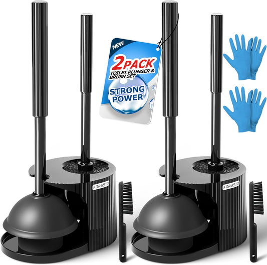 FORASTO 2Pack 2 in 1 Toilet Brush and Plunger Set, Extended Handle Plunger,Toilet Bowl Brush Plunger Set,Clean Gloves,Cleaning Tools,Cleaning Brush,Cleaning Supplies,Toilet Brush Plunger Combo,Black