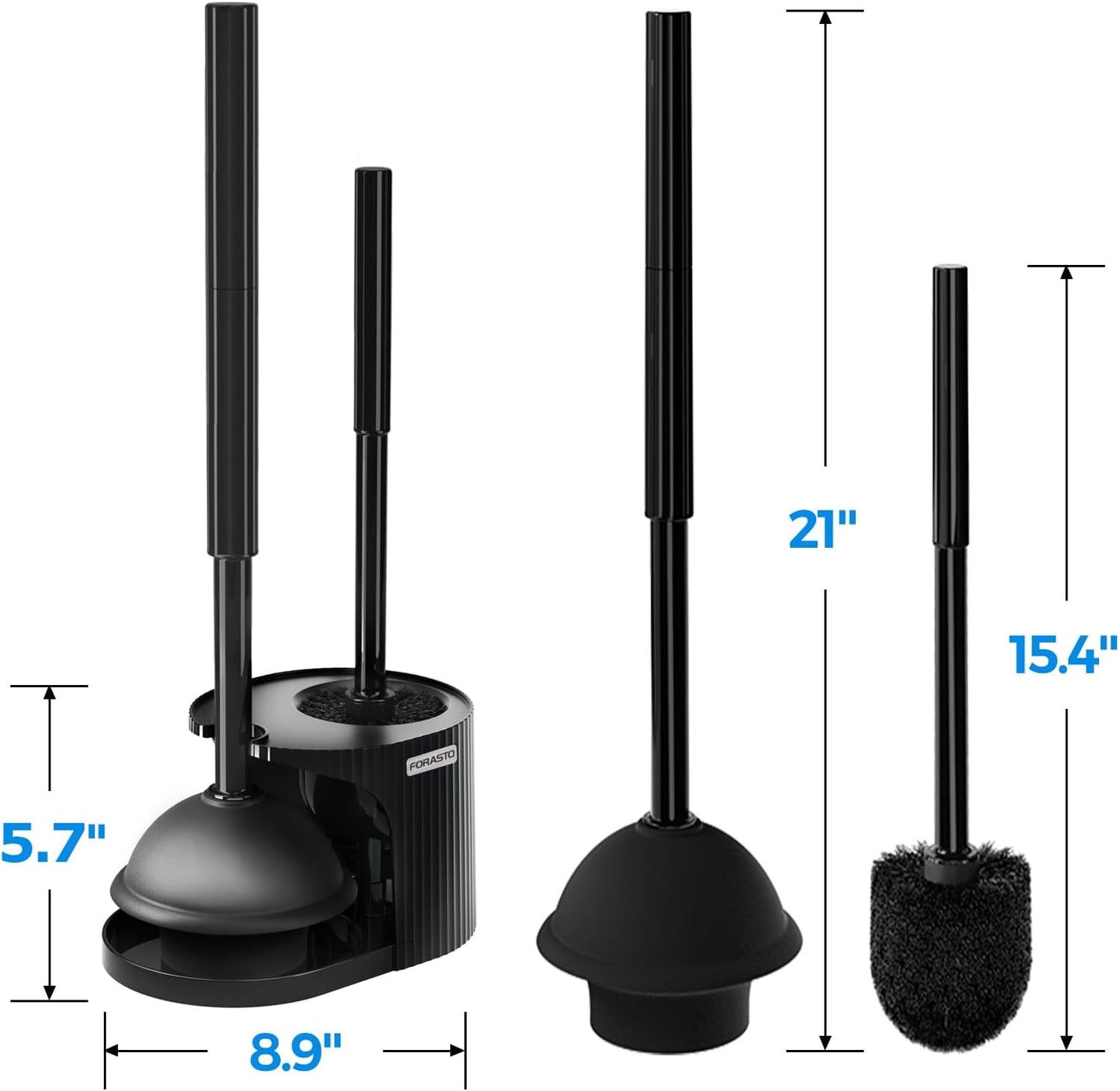 FORASTO 2Pack 2 in 1 Toilet Brush and Plunger Set, Extended Handle Plunger,Toilet Bowl Brush Plunger Set,Clean Gloves,Cleaning Tools,Cleaning Brush,Cleaning Supplies,Toilet Brush Plunger Combo,Black
